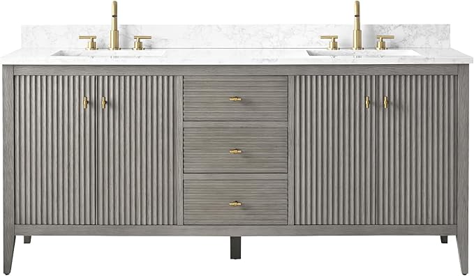 HOMEBEYOND 72" Bathroom Vanity with Double Sink, Solid Wood Bathroom Vanity Free-Standing Cabinet, Ceramic Top & Soft Closing Door, Golden Brushed Handware, Driftwood Gray