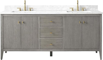 HOMEBEYOND 72" Bathroom Vanity with Double Sink, Solid Wood Bathroom Vanity Free-Standing Cabinet, Ceramic Top & Soft Closing Door, Golden Brushed Handware, Driftwood Gray