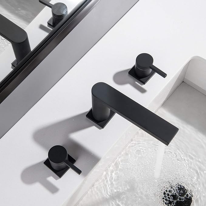 Luxury Brass Widespread Bathroom Sink Faucets for 3 Hole 2-Handle 8 Inch Deck Vanity Faucet & Stainless Steel Pop-up Drain Assembly, Matte Black
