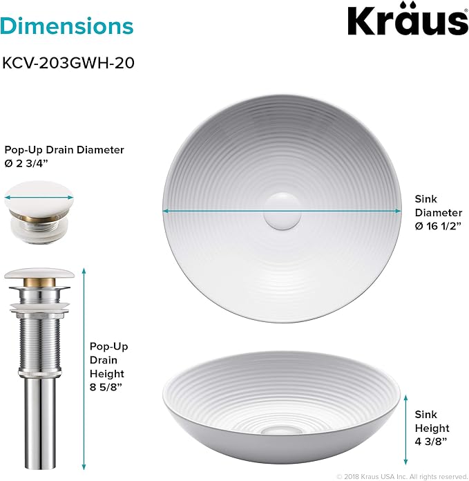 KRAUS Viva™ Round White Porcelain Ceramic Vessel Bathroom Sink with Pop-Up Drain, 16 1/2 in. D x 4 3/8 in. H, KCV-203GWH