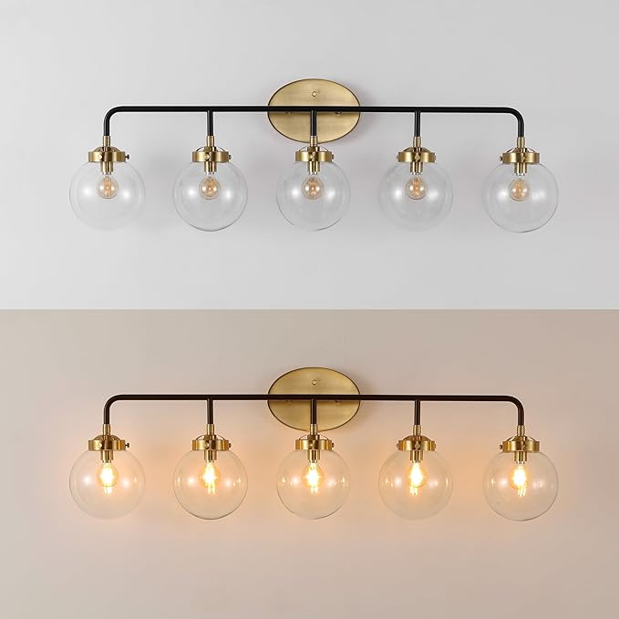 JONATHAN Y 38" Black/Brass Gold 5-Light LED Wall Sconce Vanity Lighting, Clear Glass Globe Shade Modern Contemporary Sconce for Bathroom Mirror, Hallway, UL Listed (JYL9555A)