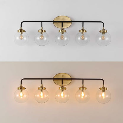 JONATHAN Y 38" Black/Brass Gold 5-Light LED Wall Sconce Vanity Lighting, Clear Glass Globe Shade Modern Contemporary Sconce for Bathroom Mirror, Hallway, UL Listed (JYL9555A)