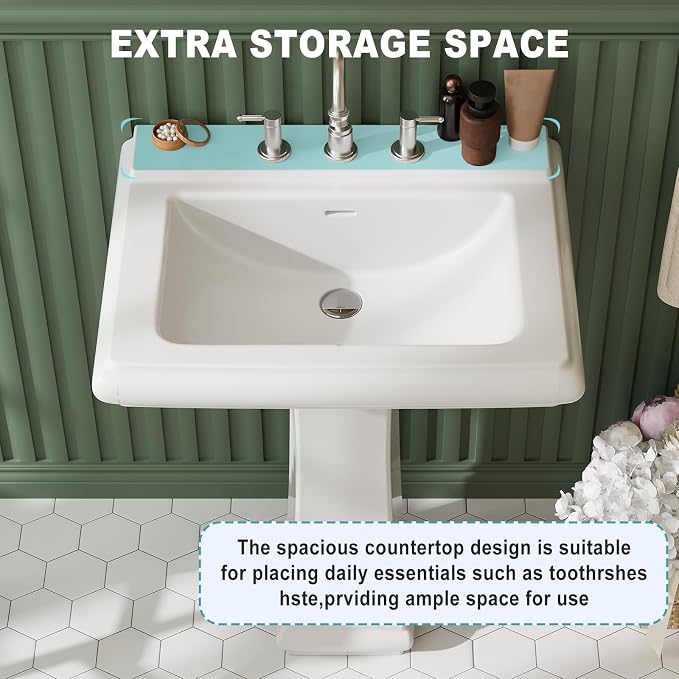 26" W X 20" D Bathroom Pedestal Sink, Rectangular White Ceramic Vanity Sink with Overflow and 3 Pre-Drilled Holes - Fits 8-Inch Faucets,Freestanding Restroom Sink Combo for Small Spaces