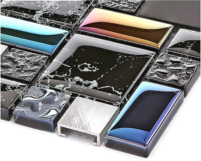 Wall Backsplash Tile Black Glass Silver Metal Iridescent Vibrant Colors for Home Project Kitchen Bathroom Shower Accents Walls Decoration TSTMGB026 (5 Square Feet)