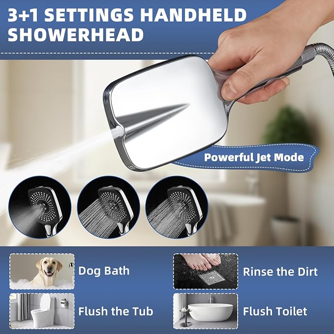 12" High Pressure Rain/Rainfall Shower Heads With Handheld Spray Combo (3+1 Settings & Built-in Power Wash Mode), Double/Dual Shower Head With Handheld - Height/Angle Adjustable(Polished Chrome)