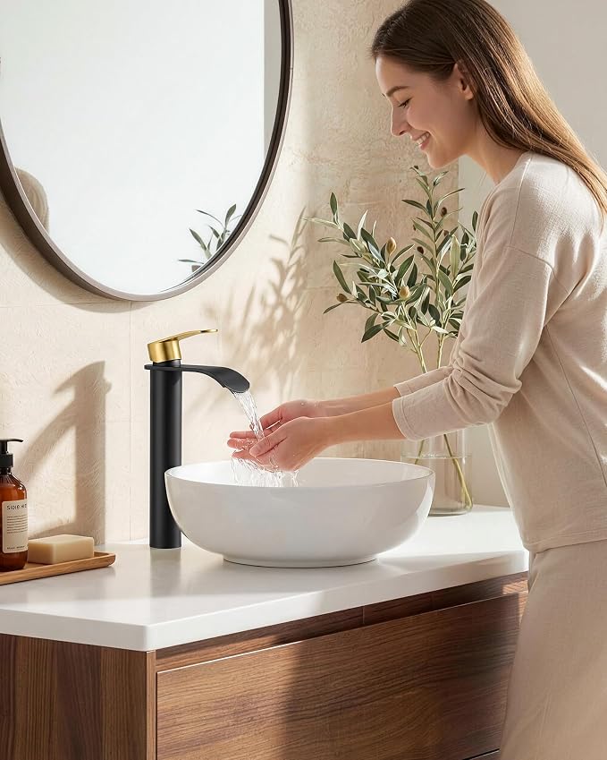 Vessel Sink Faucet Black and Gold：WOWOW Single Handle Tall Bathroom Faucet - Waterfall Single Hole Mixer Bar Tap with Large Rectangular Spout, Deck Mount Lavatory Vanity with Pop Up Drain