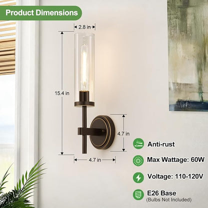 MOKATNG Wall Sconces Set of Two, Oil-Rubbed Bronze Bathroom Sconces with Clear Glass, Hardwired Sconces Wall Decor Set of 2, Modern Wall Light Fixtures for Bathroom Mirror Living Room Bedroom Hallway