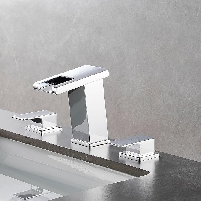 LED Bathroom Faucet 3 Hole, Chrome Waterfall Bathroom Faucets, 8 Inch Widespread Modern Bathroom Sink Faucet & Parts, Wide Spread Touch On Three Hole 2 Handle 3 Piece Bathroom Vanity Faucet
