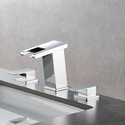 LED Bathroom Faucet 3 Hole, Chrome Waterfall Bathroom Faucets, 8 Inch Widespread Modern Bathroom Sink Faucet & Parts, Wide Spread Touch On Three Hole 2 Handle 3 Piece Bathroom Vanity Faucet