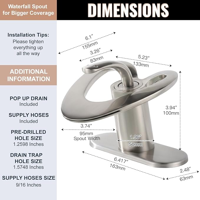 Brushed Nickel Bathroom Faucet, Waterfall Single Handle Bathroom Faucets, Unique Single Hole Faucet with Deck Plate for 3 Hole Bathroom Sink