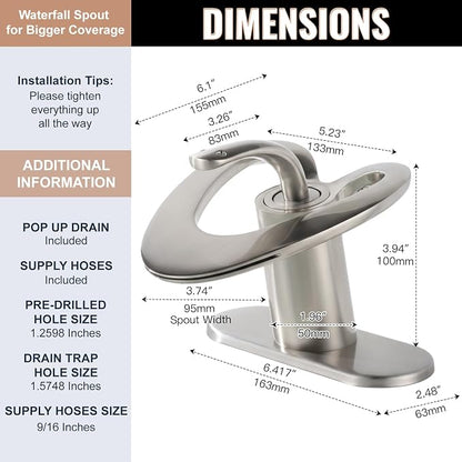 Brushed Nickel Bathroom Faucet, Waterfall Single Handle Bathroom Faucets, Unique Single Hole Faucet with Deck Plate for 3 Hole Bathroom Sink