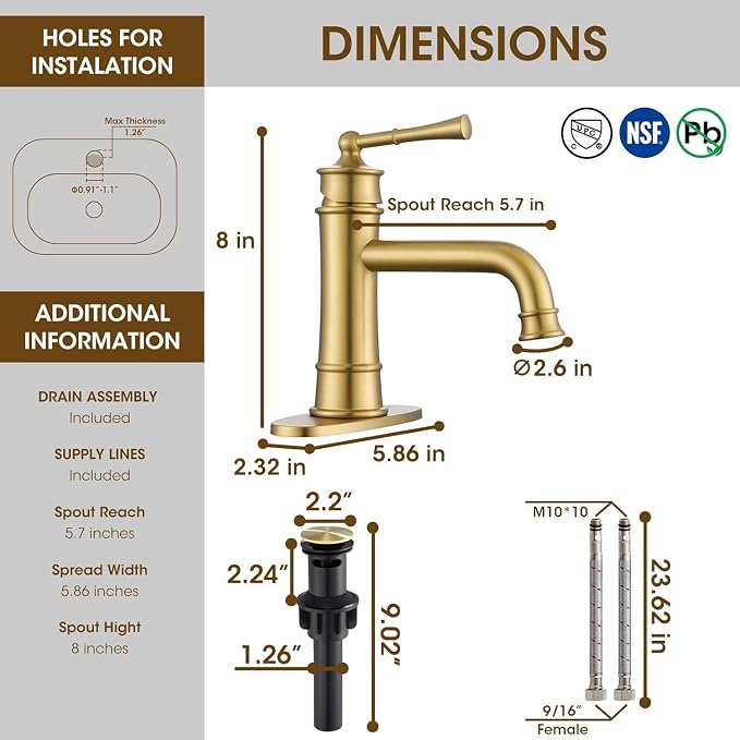 Single Hole Bathroom Faucet,Bathroom Sink Faucet 1hole,Gold Bathroom Faucet | Brushed Gold Bathroom faucet,Brass Bathroom Faucets,With Pop Up Drain and 2 Supply Hose for Vanity,Lavatory RV Farmhouse