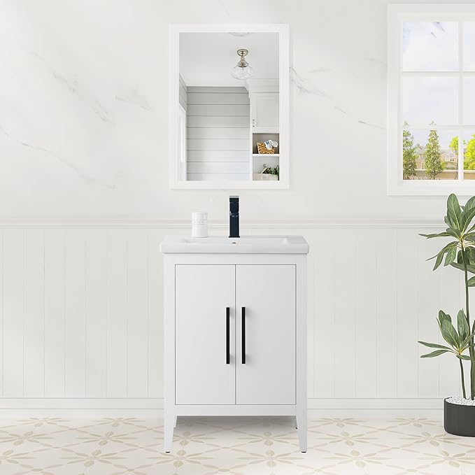 HomeBeyond 24 Inch Bathroom Vanity with Sink & Ceramic Top, Single Vanity Cabinet with Basin, Soft-Closing Doors & Matte Black Hardware, White