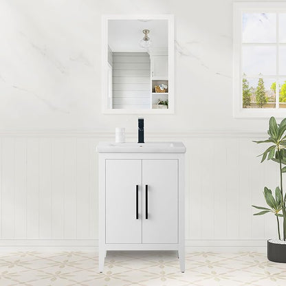 HomeBeyond 24 Inch Bathroom Vanity with Sink & Ceramic Top, Single Vanity Cabinet with Basin, Soft-Closing Doors & Matte Black Hardware, White