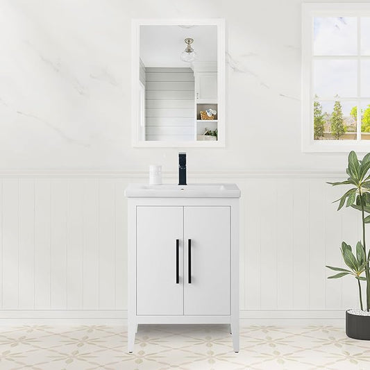 HomeBeyond 24 Inch Bathroom Vanity with Sink & Ceramic Top, Single Vanity Cabinet with Basin, Soft-Closing Doors & Matte Black Hardware, White