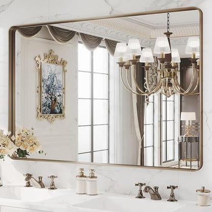 WEER 48X32 Inch Bronze Bathroom Vanity Mirror for Wall | Brushed Bronze Metal Frame Mirror, Rounded Rectangle, Tempered Glass, Anti-Rust, Hangs Horizontally or Vertically