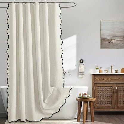 MIULEE Birch Scalloped Linen Shower Curtain 72x72 Inches | Linen Textured, Waterproof, Washable, 12 Metal Hooks, Heavy Duty Cloth, Black Border, Shower Curtain for Bathroom Bathtub
