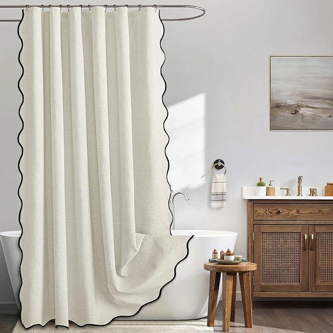 MIULEE 72"x84" Extra Long Scalloped Linen Shower Curtain Birch | Linen Textured, Waterproof, Washable, 12 Metal Hooks, Heavy Duty Cloth, Black Border, Shower Curtain for Bathroom Bathtub