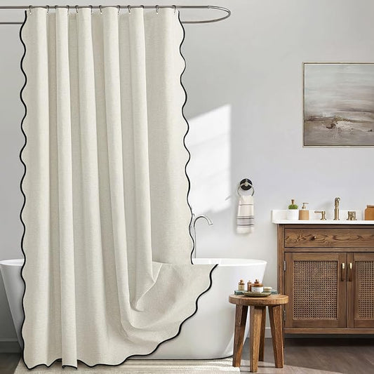 MIULEE 72"x84" Extra Long Scalloped Linen Shower Curtain Birch | Linen Textured, Waterproof, Washable, 12 Metal Hooks, Heavy Duty Cloth, Black Border, Shower Curtain for Bathroom Bathtub