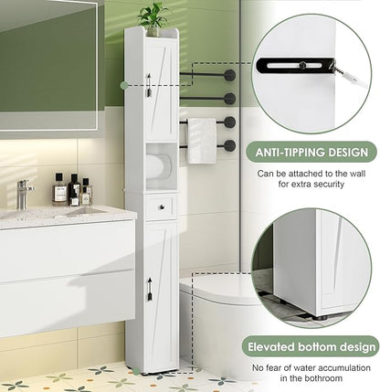 VECELO Tall Narrow Storage Cabinet with Adjustable Shelves, Slim Freestanding Bathroom Cabinet with Toilet Paper Holder, 2 Magnetic Doors & Drawer, for Small Spaces, 7.9" D x 7.9" W x 67" H, White