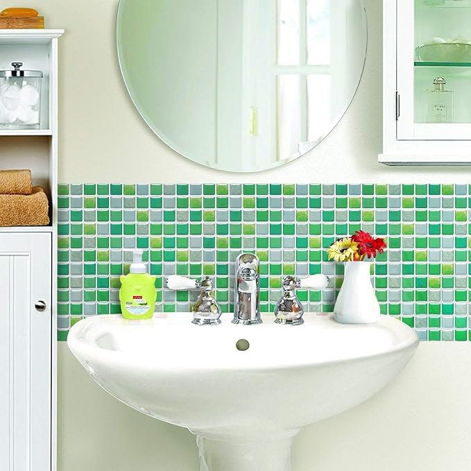 3D Mosaic Tile Sticker Removable Wallpaper Tile Red, 3D Self Adhesive Wall Tiles Bathroom Wall Tiles for Kitchen Backsplash Green,PVC Square Decorative Vinyl Decals,4 Sheets