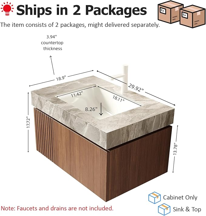 Ambrovina 30" Floating Bathroom Vanity with Sink, Modern Plywood Bathroom Storage Cabinet with Drawer and Door, Light Gray Sintered Stone Countertop and White Ceramic Basin, Pre-Assembled, Dark Oak