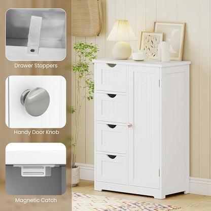 Giantex Storage Cabinet with 4 Drawers, Bathroom Storage Organizer with Cupboard, Adjustable Shelf, Anti-Toppling Device, Floor Cabinet, Entryway Storage Unit Console Table, White