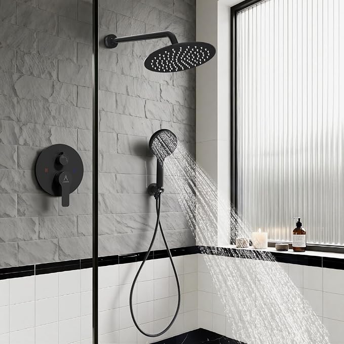 Shower Faucet Set 12IN Brass Rough-In Valve Body Trim Kit Rainfall Included Handle Accessories Complete 2 Functions with Rain Head and Handheld Bathroom Systems (12'', Matte Black)