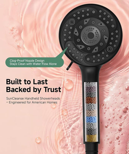 SunCleanse Filtered Shower Head with Handheld, 9-Spray Setting Detachable Showerhead with Filters, Shower Head for Hard Water - Filtered Chlorine, Improve Skin and Hair Texture, Black