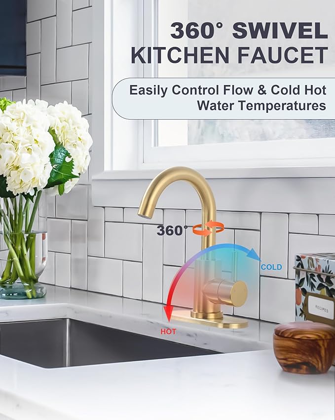 Modern Bar Sink Faucet: Single-Handle Gold Bathroom Kitchen Sink Faucet, 1 Hole Wet Bar Sink Faucets with 360°Swivel Spout for bar RV Laundry Farmhouse