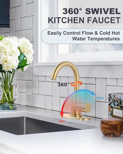 Modern Bar Sink Faucet: Single-Handle Gold Bathroom Kitchen Sink Faucet, 1 Hole Wet Bar Sink Faucets with 360°Swivel Spout for bar RV Laundry Farmhouse