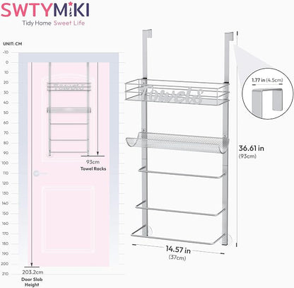 SWTYMIKI Over the Door Towel Racks for Bathroom - 5-Tier Wall Mounted Bathroom Towel Storage Organizer Holder with Metal Shelf, Sliver