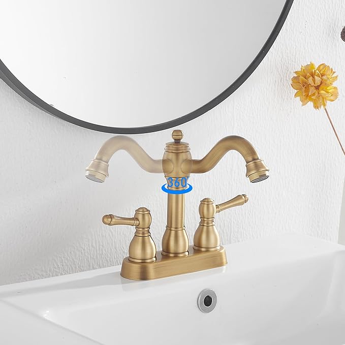 GGStudy Antique Brass Bathroom Faucet 2 Handles 4 Inches Centerset RV Bathroom Vanity Faucet with Drain Assembly and Supply Hose Lavatory Faucet