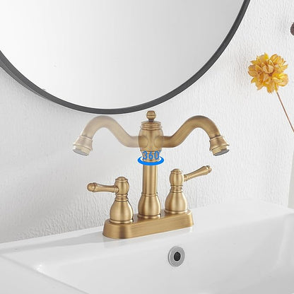 GGStudy Antique Brass Bathroom Faucet 2 Handles 4 Inches Centerset RV Bathroom Vanity Faucet with Drain Assembly and Supply Hose Lavatory Faucet