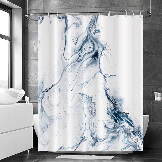 Blue and White Shower Curtain, Modern Ombre Blue Marble Shower Curtain Set with Hooks Aesthetic Waterproof Bathroom Decor, 72x84 Inch