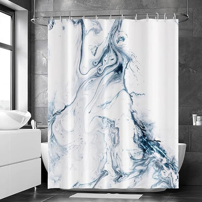 Blue and White Shower Curtain, Modern Ombre Blue Marble Shower Curtain Set with Hooks Aesthetic Waterproof Bathroom Decor, 72x84 Inch