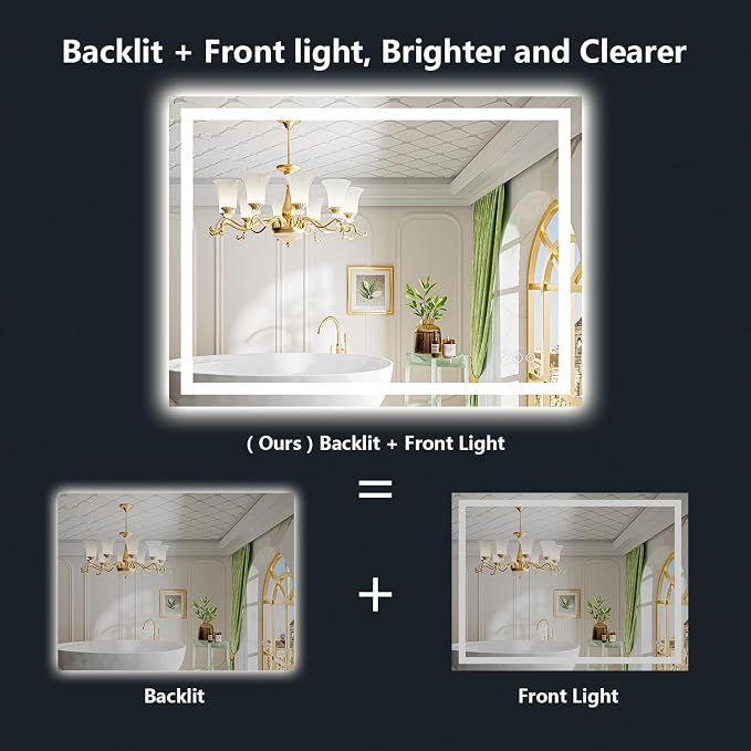 44x30 LED Bathroom Mirror with Lights, Lighted Vanity Mirror | Backlit and Front Light, Anti-Fog, 3 Color Dimmable, Memory, Tempered Glass, IP54 Waterproof, UL Listed