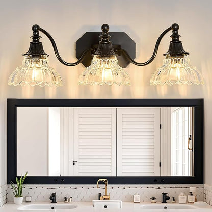 hesoge Farmhouse Bathroom Light Fixture Vintage Vanity Light with Crystal Glass Shade Black 3 Light Wall Mount Lamp Over Mirror