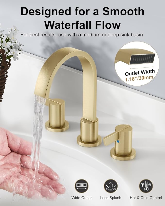 Brushed Gold 3 Hole Bathroom Faucet,8" Widespread Vanity Faucet | 2 Handle Waterfall Bathroom Sink Faucet with Pop-Up Drain,Supply Lines,360° Swivel Spout,Lead-Free Stainless Steel,Deck Mount