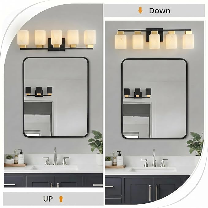 5-Light Square Bathroom Light Fixture, Black and Gold Modern Vanity Light with White Marble Glass Shade, for Bathroom Mirror, Living Room, Bedroom, Hallway, E26 Base