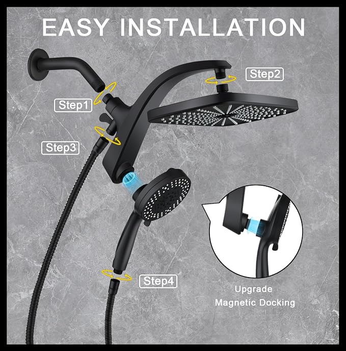 12" High Pressue Rain Shower Head with Handheld, 9 Sprays Hand Showerhead | Shower Heads with Handheld Spray Combo, Dual Head, Built-in Magnetic Docking, Power Jets, 59" Shower Hose, Black 1.75GPM