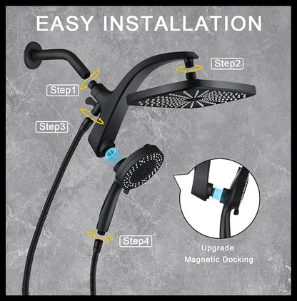 12" High Pressue Rain Shower Head with Handheld, 9 Sprays Hand Showerhead | Shower Heads with Handheld Spray Combo, Dual Head, Built-in Magnetic Docking, Power Jets, 59" Shower Hose, Black 1.75GPM