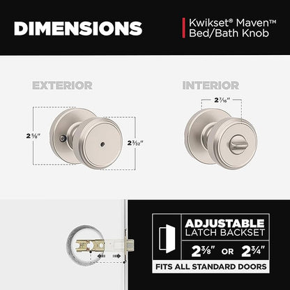 Kwikset Maven Interior Privacy Door Knob with Lock, Round Door Handle for Bathroom and Bedroom, Satin Nickel Keyless Turn Lock Doorknob, with Microban Protection (Pack of 10)