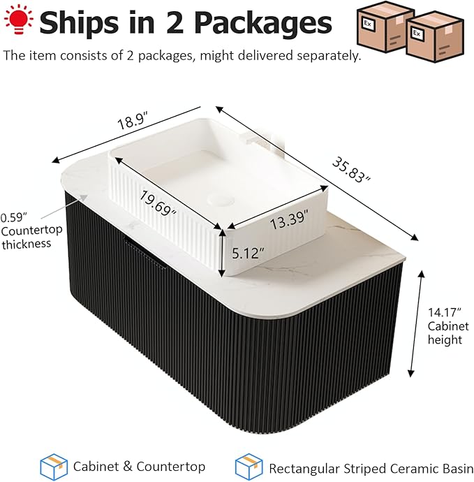 36'' Floating Bathroom Vanity with Sink, Modern Solid Wood Bathroom Vanities with Rectangular Ceramic Basin and Marble Top, Soft-Close Design, Large Storage Drawer, Pre-Assembled Cabinet, Gloss Black