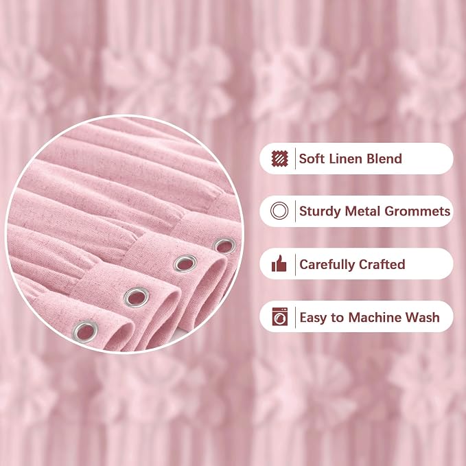 Ruffle Farmhouse Linen Shower Curtain with Vintage Pink Linen 72" W x 72" H | Linen Blend Fabric, Ruffle Bow and Ruffled Hem，Linen Texture，Machine Washable，12 Metal Holes and Plastic Hooks