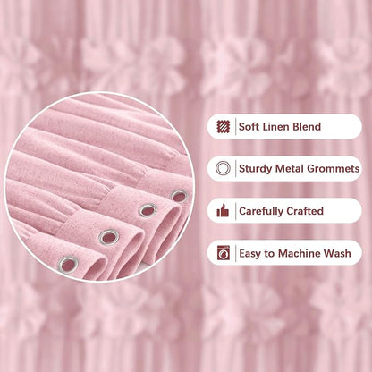Ruffle Farmhouse Linen Shower Curtain with Vintage Pink Linen 72" W x 72" H | Linen Blend Fabric, Ruffle Bow and Ruffled Hem，Linen Texture，Machine Washable，12 Metal Holes and Plastic Hooks