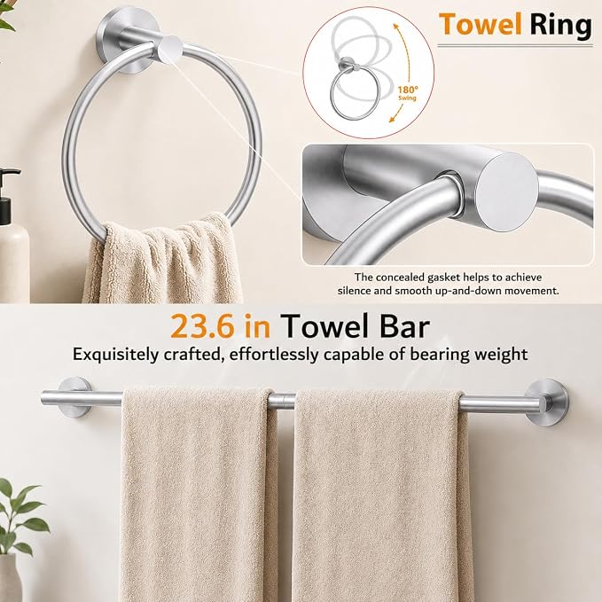 5 Piece Brushed Nickel Bathroom Hardware Accessories Set, 24" Towel Bar Set | Bathroom Towel Rack Set with Wall Mounted SUS304 Stainless Steel , Double Post Toilet Paper Holder, Towel Ring & Robe Hooks