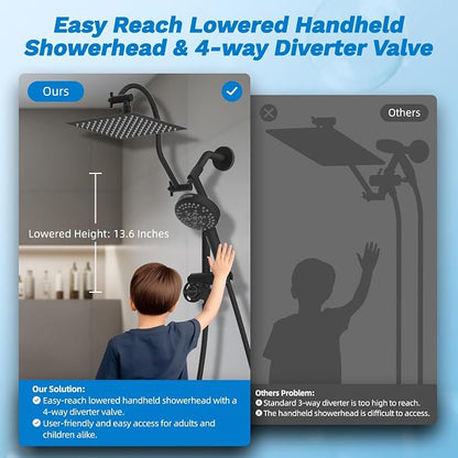 Hibbent High Pressue All Metal 8" Rainfall Shower Head, Handheld 10-Spray | cUPC Certified Matte Black Dual Showerhead Combo, 4-way Diverter with Pause Mode, Brass Extension Arm, 71'' Hose & Holder