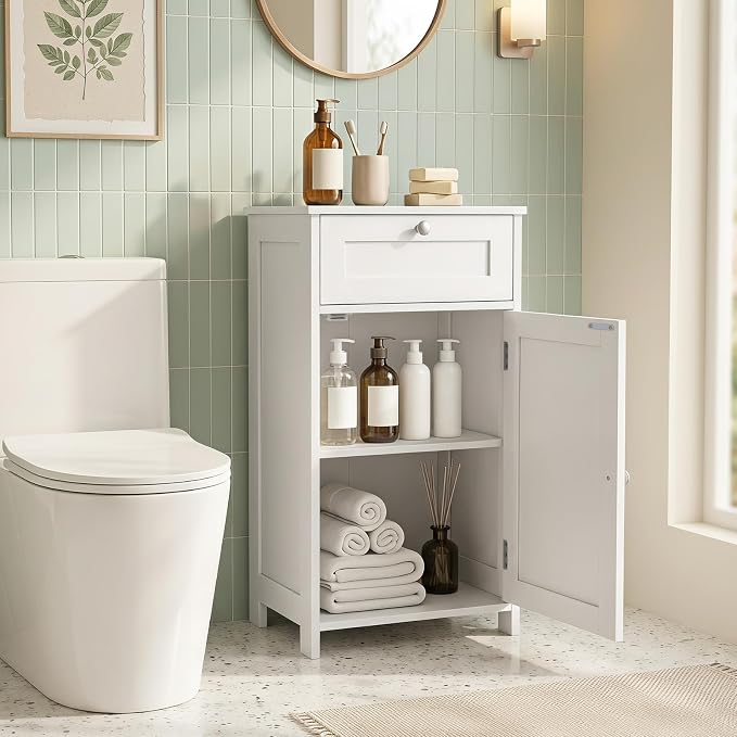 GIANTEX Floor Bathroom Storage Cabinet with Door and Drawer (White) | Freestanding Cabinet with Adjustable Shelf, Anti-tipping Device, Storage Organizer for Bathroom, Living Room, Bedroom
