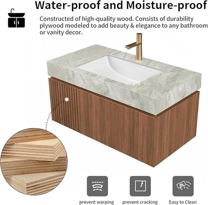 LKTART Floating 36 Inch Bathroom Vanity with Sink, Modern Plywood Wall Mounted Bathroom Storage Cabinet with 1 Door and 1 Drawer, Roma Travertine-Pattern Sintered Stone Countertop and Ceramic Basin